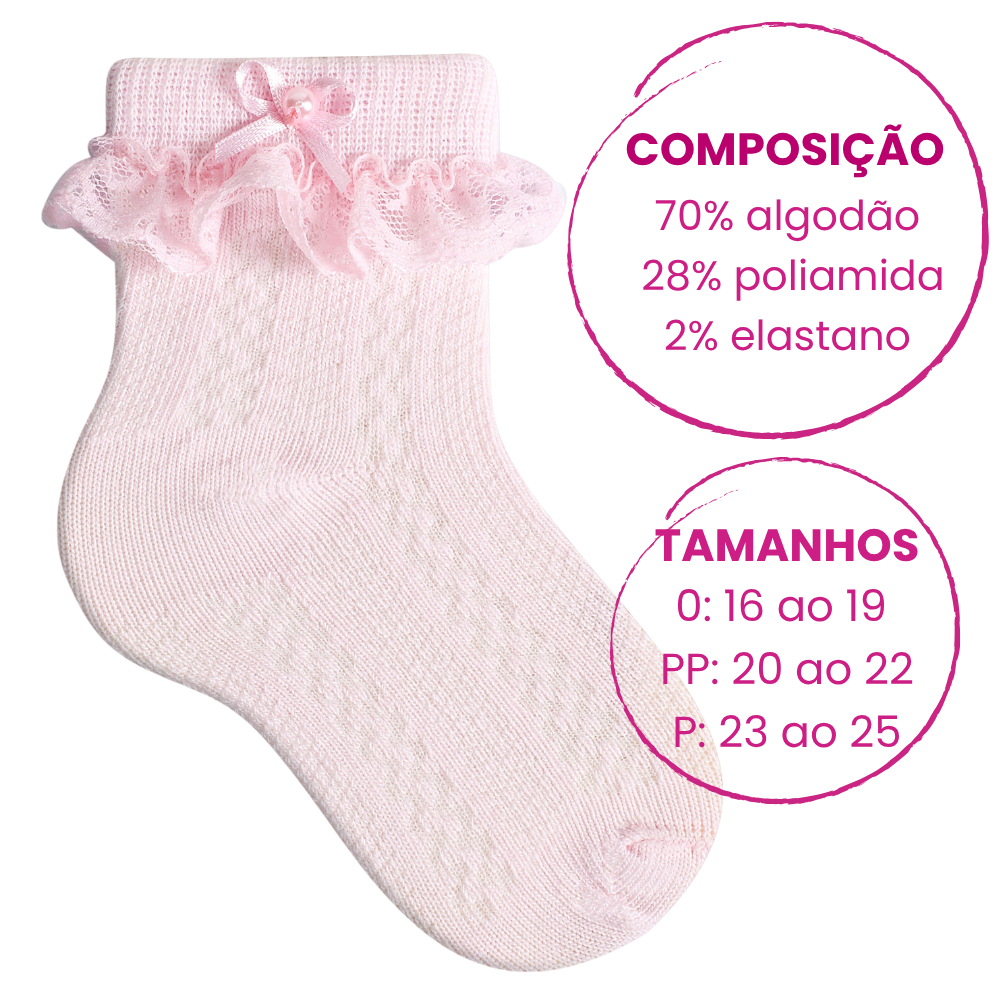 Detalhes do Kit Meia Infantil Menina Batizado Aniversário Festa Roquete Delicada