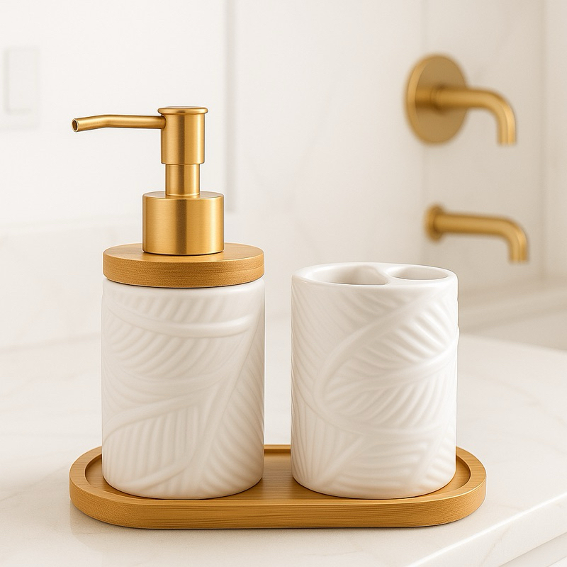 Kit Banheiro Lavabo Porta Sabonete Liquido Dispenser Porta Escova de Dente Cerâmica Luxo