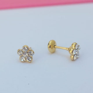 Brinco Infantil Tarraxa Baby Florzinha com Strass Cristal - Banho Ouro 18k Antialérgico em Oferta na Shopee