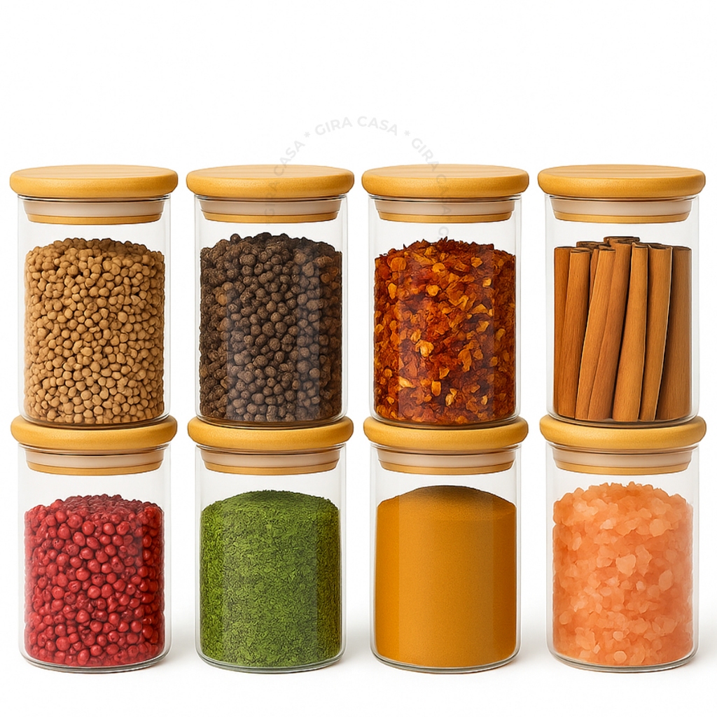 Kit 8 potes de vidro com tampa de bambu herméticos para mantimentos empilháveis 200ml em Oferta na Shopee