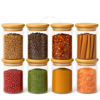 Kit 8 potes de vidro com tampa de bambu herméticos para mantimentos empilháveis 200ml em Oferta na Shopee