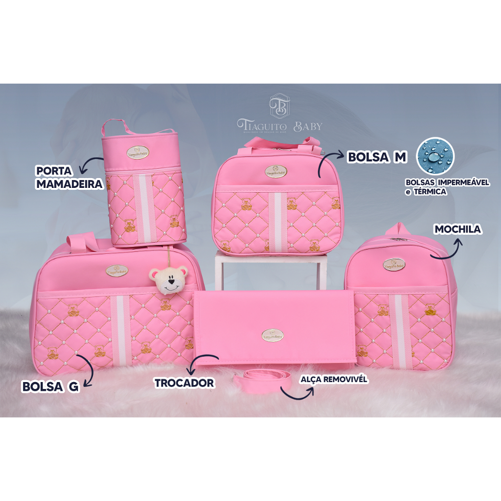 Kit Bolsa Maternidade Urso com Perola  5 Peças (Rosa) em Oferta na Shopee
