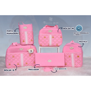 Kit Bolsa Maternidade Urso com Perola  5 Peças (Rosa) em Oferta na Shopee