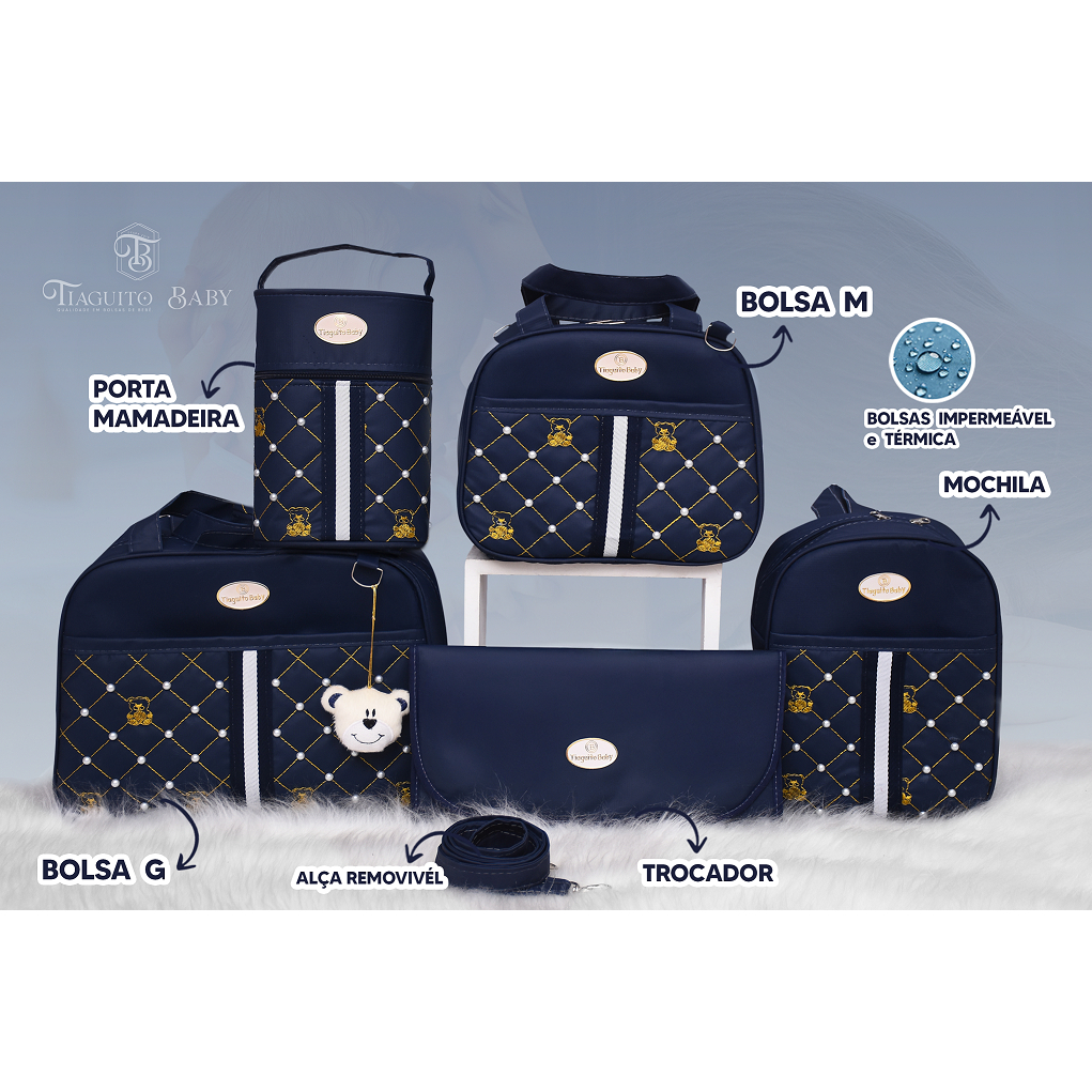 Kit Bolsa Maternidade Urso Com Perola 5 Peças (Marinho)