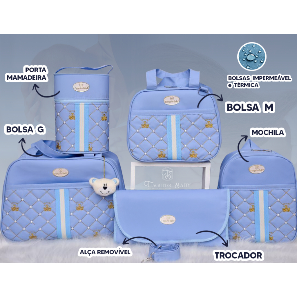 Kit Bolsa Maternidade Urso Com Perola 5 Peças (Azul Bebê)