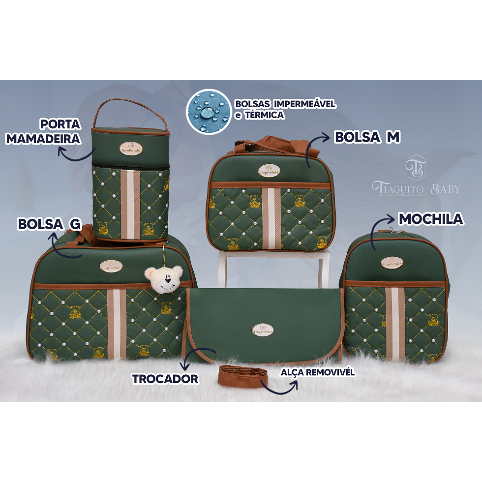 Kit Bolsa Maternidade Urso com Perola  5 Peças (Verde Militar) em Oferta na Shopee