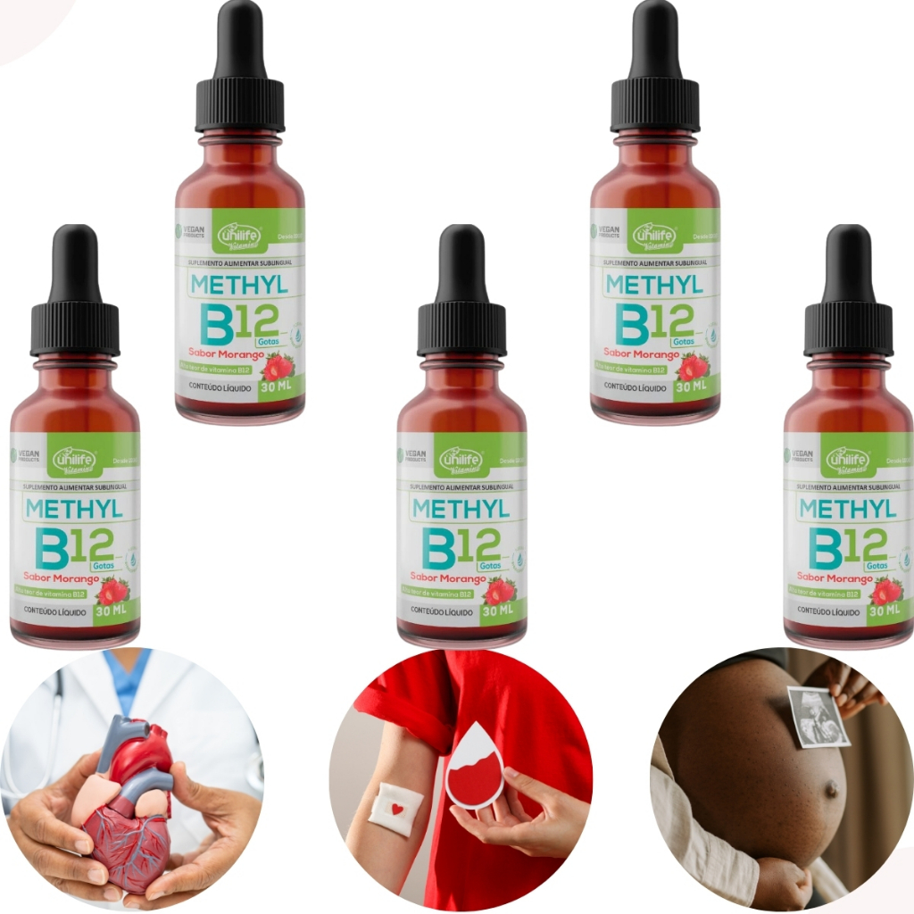 Kit 5 Vitamina B12 Methyl Sublingual 30ml Vegana Biodisponivel Metilcobalamina Sabor Morango Unilife