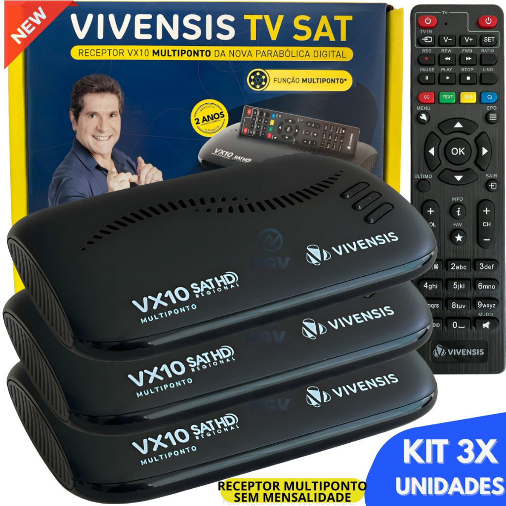 Kit 3 Receptores Vivensis Vx10 Multiponto Nova Parabólica Digital Ku Preto 127/220v Sem ativação em Oferta na Shopee