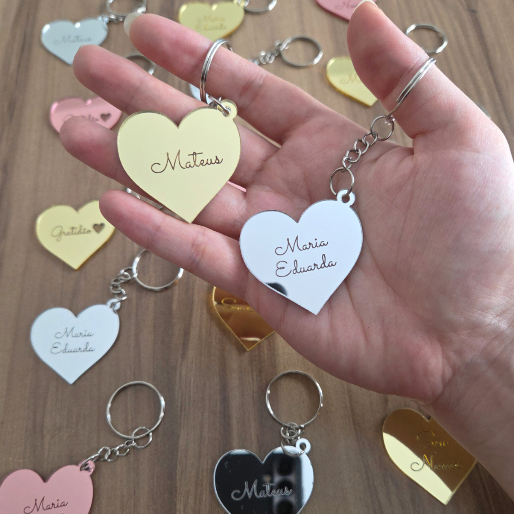 Kit 25/50/100 Chaveiros Coração em Acrílico Espelhado NOME PERSONALIZADO 2mm Prata, Rose e Dourado em Oferta na Shopee