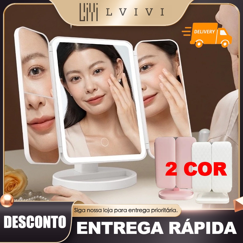 Espelho de ampliação 3x portátil com luz LED e espelho cosmético dobrável - presente de ano novo