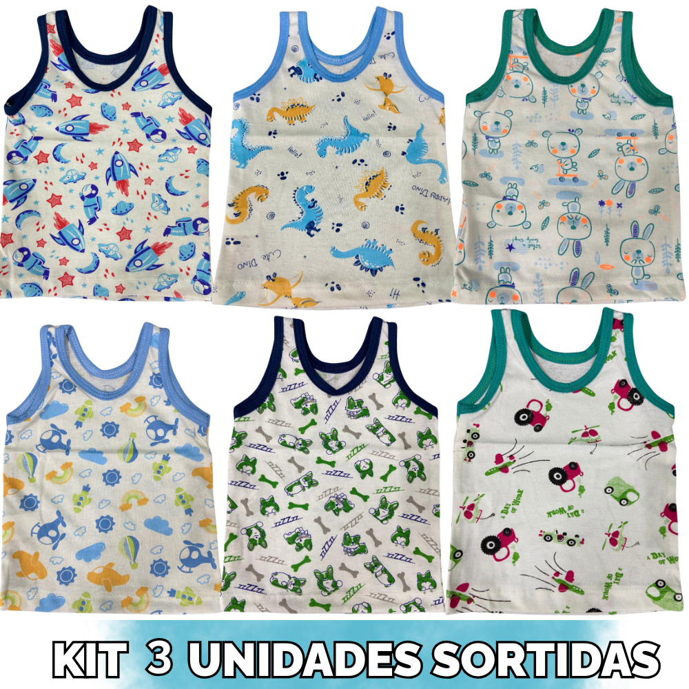 KIT 3 CAMISETAS REGATA ESTAMPADA MASCULINA SORTIDA 1/3 - INCRIVEIS BABY