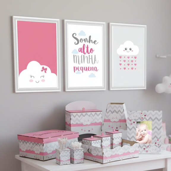 Kit Bebe Higiene Com Trio De Quadrinhos Decoração Nuvem Rosa Organizador Maternidade Menina