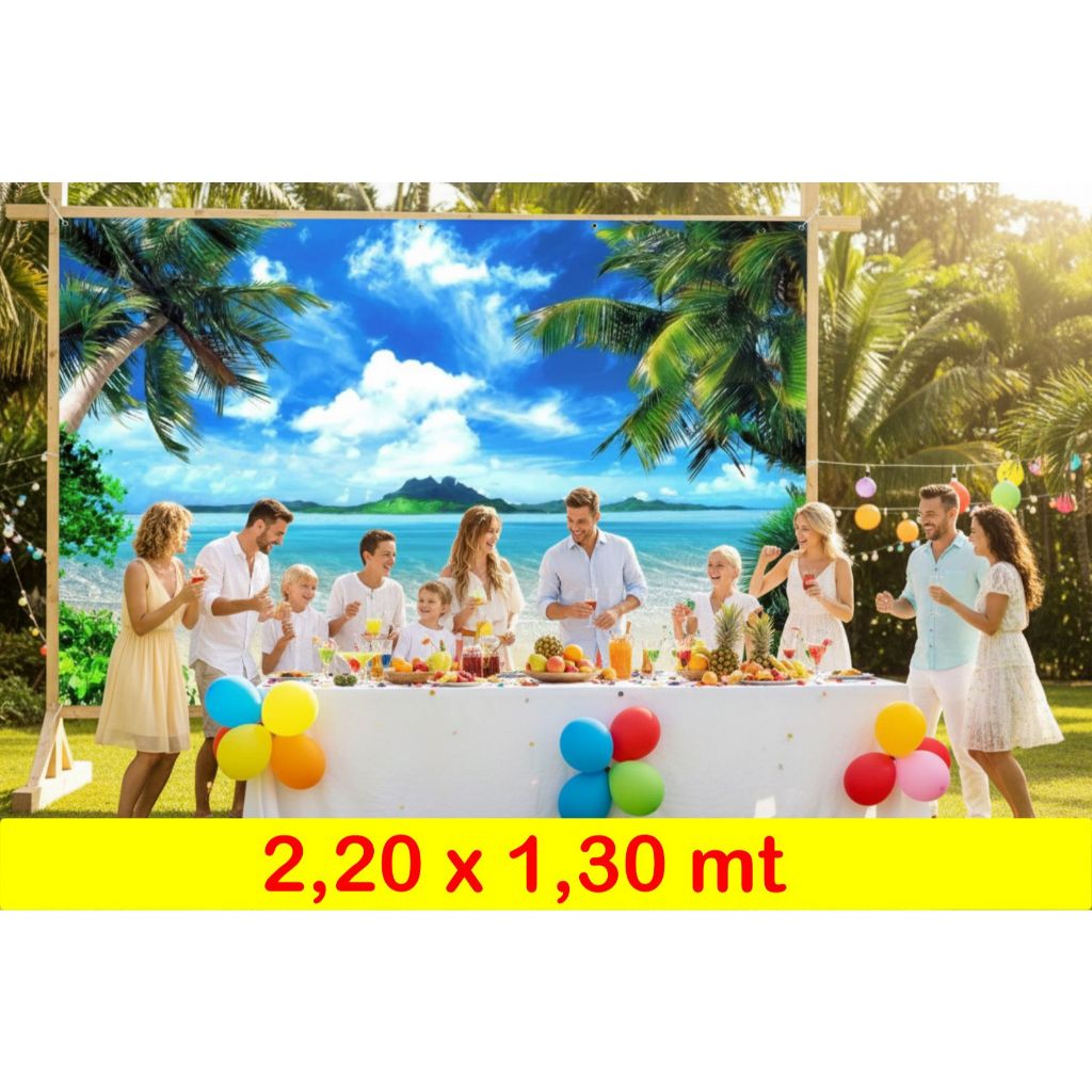 Painel Lona GIGANTE Praia Decoração Família Reunião Familiar Festa Areia Do Mar Ondas Coqueiro