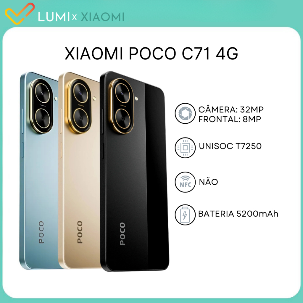 Xiaomi Poco C71 4G 128GB/4 ou 64GB/3GB RAM, Câmera 32 MP, Processador UNISOC T7250, Bateria 5200mAh, Novo, Versão Global