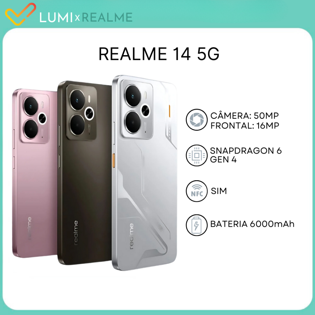 realme 14 5G 256GB/512GB + 8GB/12GB RAM, Snapdragon 6 Gen 4, Bateria 6000mAh, Câmera 50MP, Versão Global.