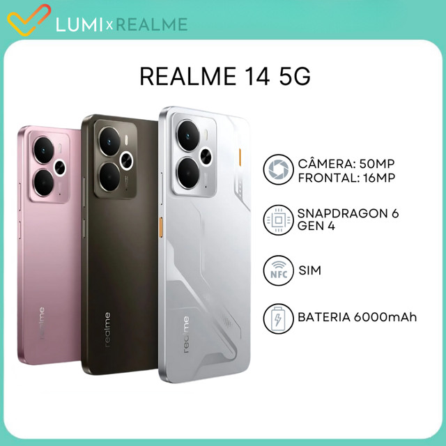 realme 14 5G 256GB/512GB + 8GB/12GB RAM, Snapdragon 6 Gen 4, Bateria 6000mAh, Câmera 50MP, Versão Global.