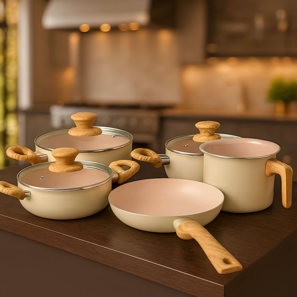 Imagem Jogo de Panela 5 Peças Antiaderente Premium Indução Com Cabo de Madeira