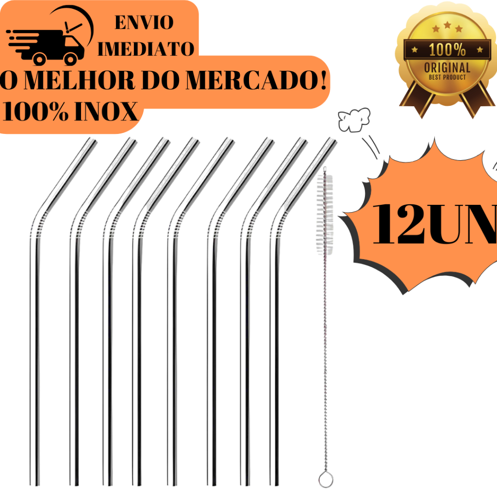 Combo 12 Canudos Inox e Duas Escovas de LImpar Curvos com Escova Ecológico Reutilizáveis Laváveis