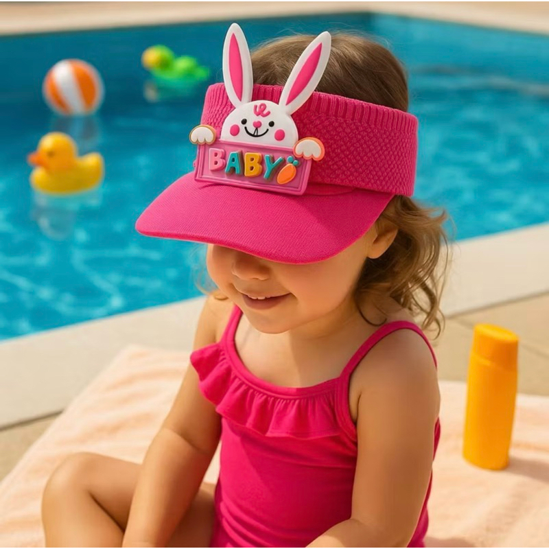 Viseira Infantil Rosa com Coelhinho – Boné Bebê Proteção Solar Piscina Praia Menina