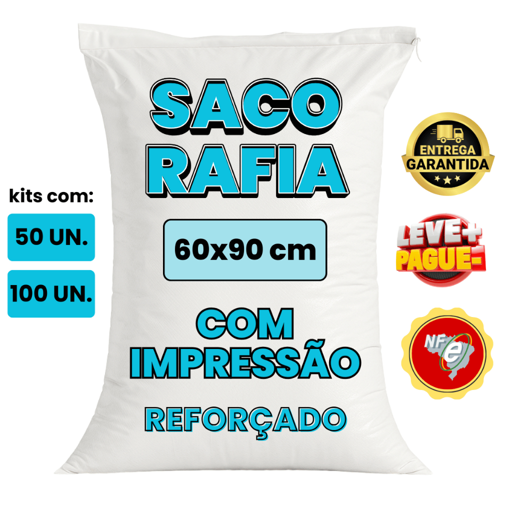 Saco Rafia 60x90 50kg Com Impressão Reforçado Novo Kit 50 ou 100 Un. Farinha Ração Entulho Obra