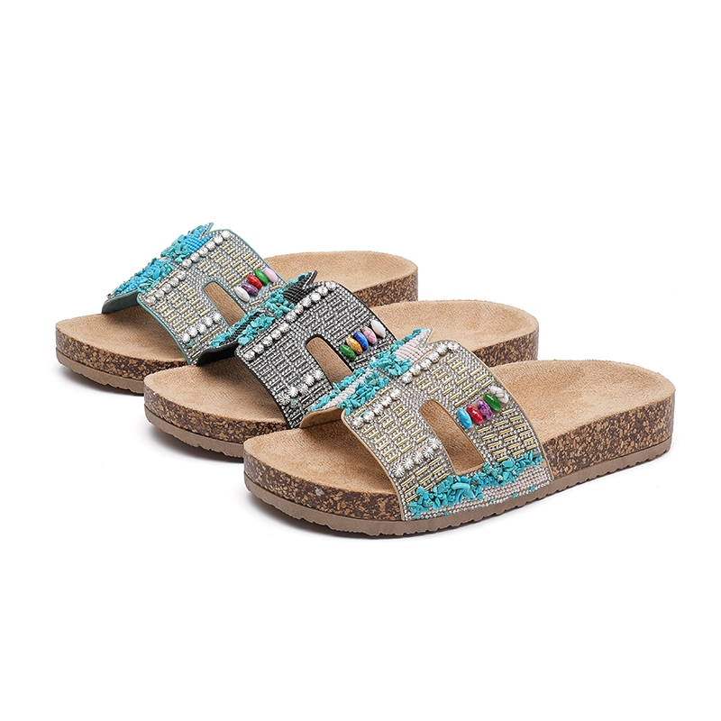 Sandália feminina com strass turquesa sandália feminina salto baixo204