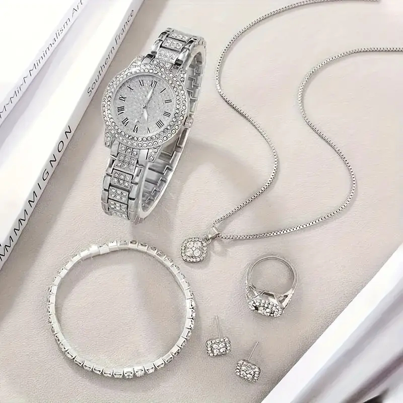 Conjunto De Relógio De Quartzo Com Strass Feminino Luxuoso De 6 Peças-Pulso Analógico Fashion E Presente De Joias Para M