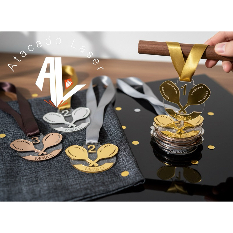KIT medalhas Beach Tênis - Acrílico + Acrilico espelhado - Acompanha cordao