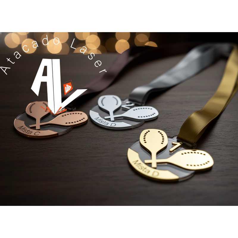 KIT medalhas Beach Tênis personalizada - Acrílico + Acrilico espelhado - Acompanha cordao