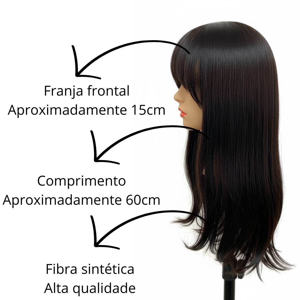 Prótese Capilar Priscila Topo Cabelo Fibra Lisa Franjão Uso Diário Aspecto Natural