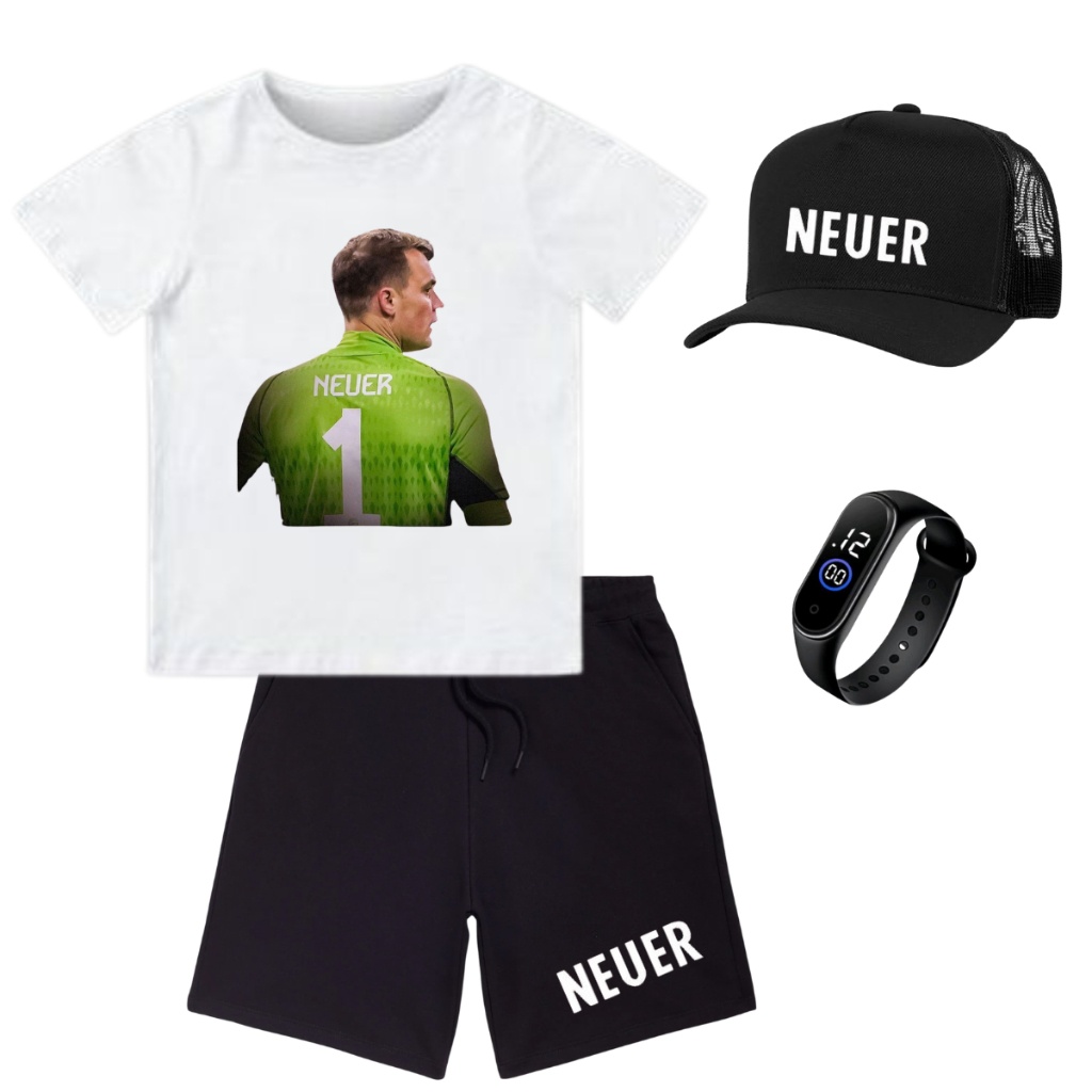 Camiseta e bermuda infanil e juvenil Neuer goleiro com bone relogio 2 ao 16