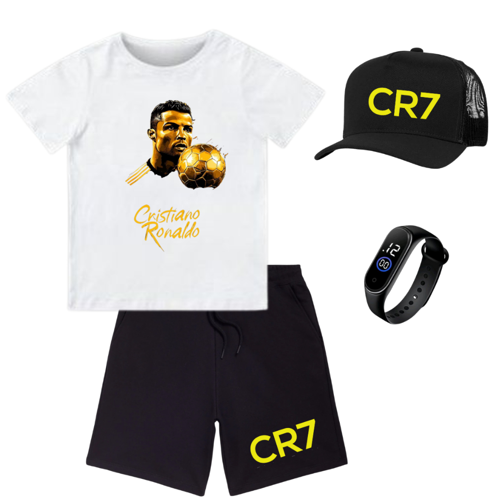 Conjunto Infantil Juvenil Menino Estiloso CR7 Kit top moderno Camisa E Bermuda + Relogio bone