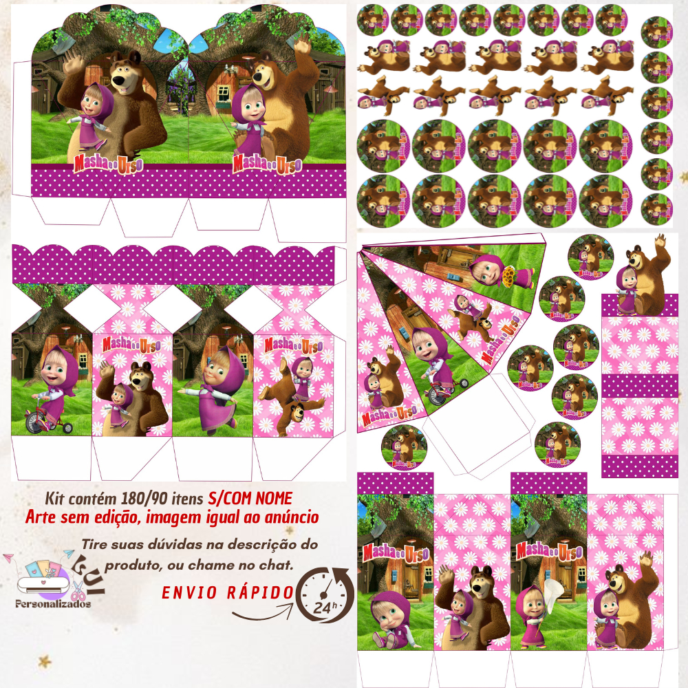 KIT COM 180/90 ITENS LEMBRANCINHAS S/COM NOME TEMA:  MASHA E O URSO (Envio Rápido) em Oferta na Shopee