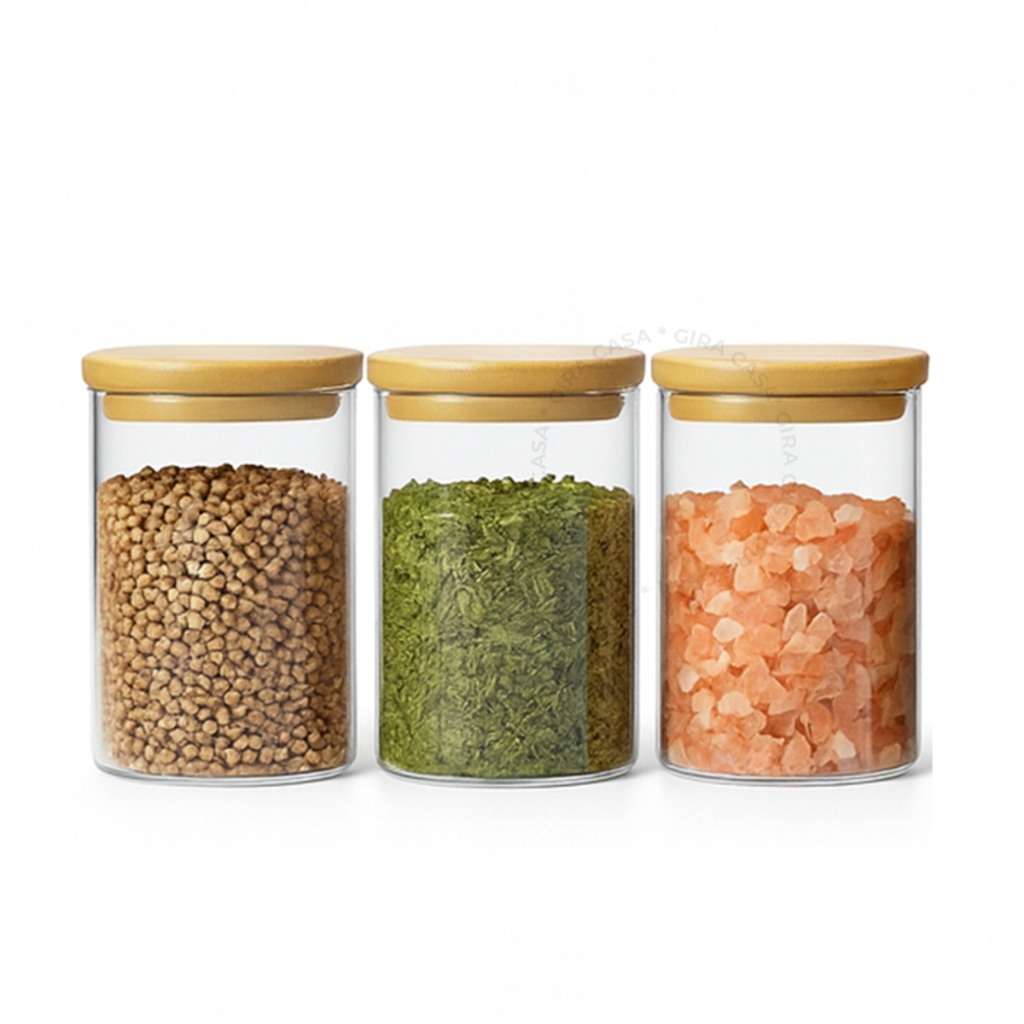 Kit 3 potes de vidro com tampa de bambu herméticos para mantimentos empilháveis 300ml