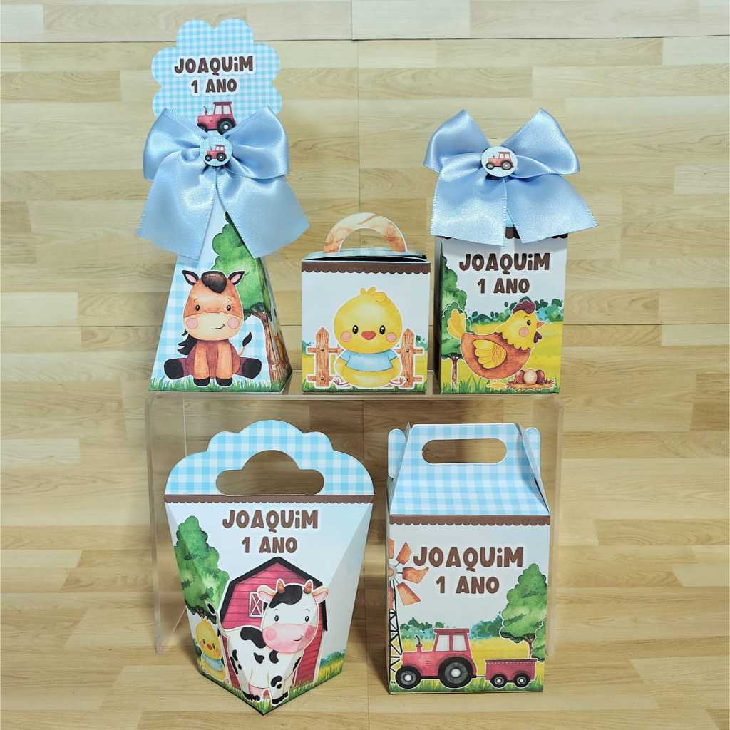 PEGUE E MONTE Kit Caixinhas Personalizadas para Festa Fazendinha Azul Menino Caixas para Lembrancinhas de Aniversário