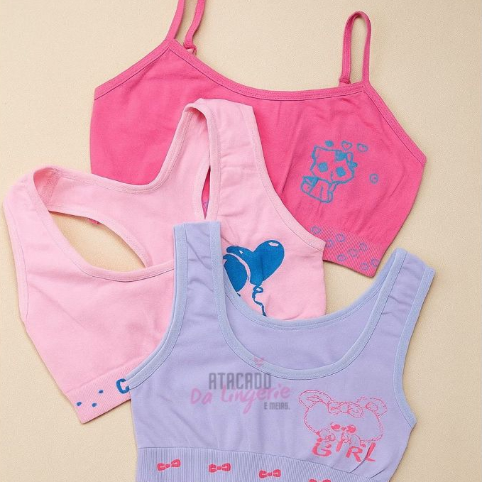 Kit 2 ou 4 Top Sutiã Juvenil Sem Costura Moda Infantil Poliamida Conforto Estampado