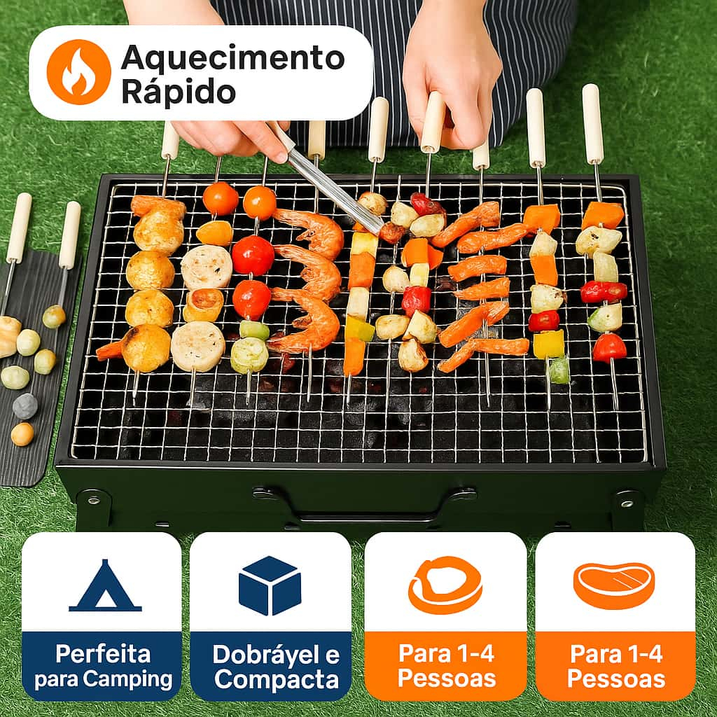 Churrasqueira Portátil Dobrável a Carvão – Mini Grelha de Aço Inox para Camping e Varanda