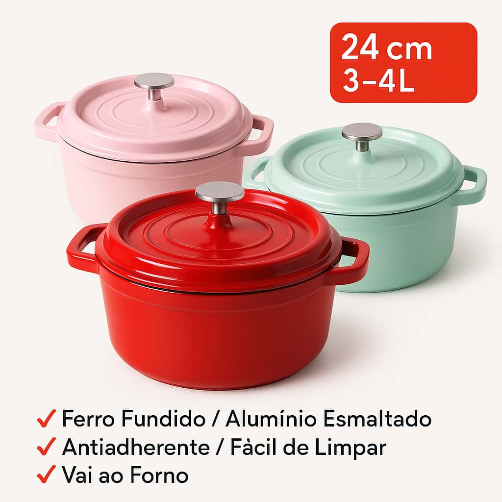 Panela Holandesa 24cm Ferro Fundido Esmaltado | Alta Retenção de Calor p/ Fogão e Forno em Oferta na Shopee