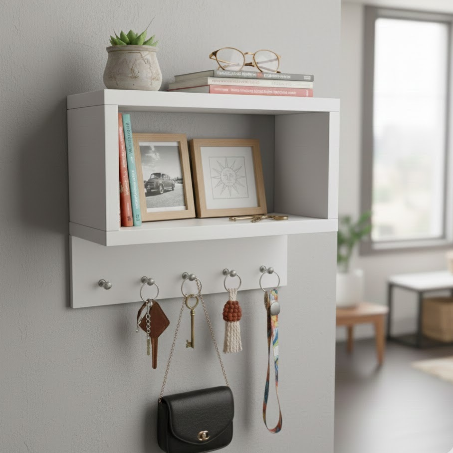 Nicho Porta Chaves MDF Branco 5 Ganchos | Prateleira Organizadora em Oferta na Shopee