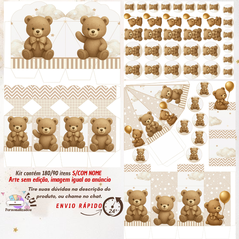 KIT COM 180/90 ITENS LEMBRANCINHAS S/COM NOME TEMA: CHÁ REVELAÇÃO URSP MARROM (Envio Rápido) em Oferta na Shopee
