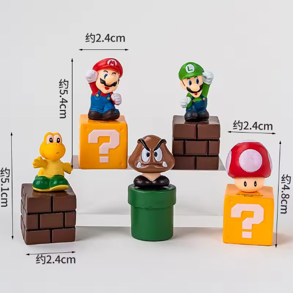 Kit 5 Bonecos Super Mario Bros + Caixa Expositora De Acrílico Luxo