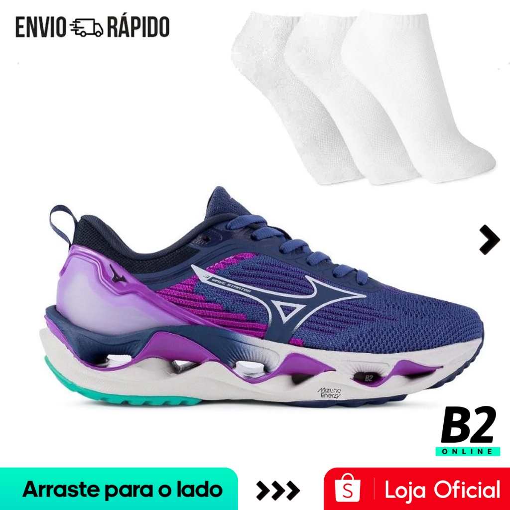 Tênis Mizuno Wave Stratos 3 Feminino + 3 Pares de Meias Original com Nota Fiscal e Garantia em Oferta na Shopee