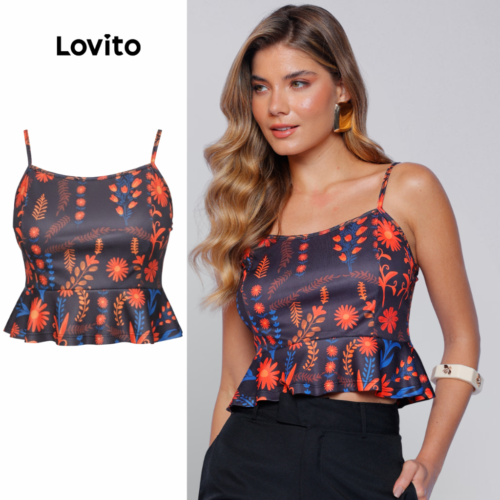 Lovito Regata Com Babado Alca Fina Basica Casual Floral Feminina LB776BRL806 em Oferta na Shopee