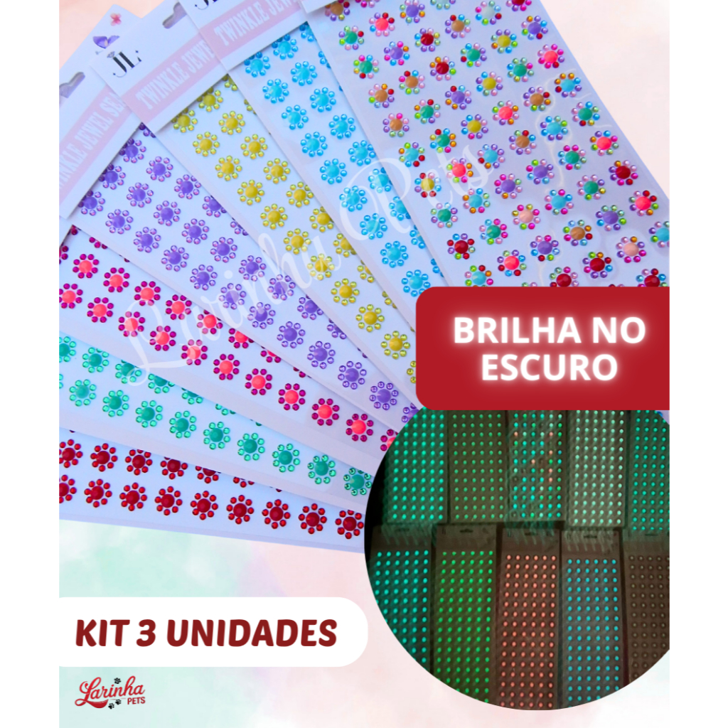 Cartelas de Brilho adesivos Neon (brilham no Escuro) - 3 unidades - 96 adesivos por cartela - Ideal para Pets