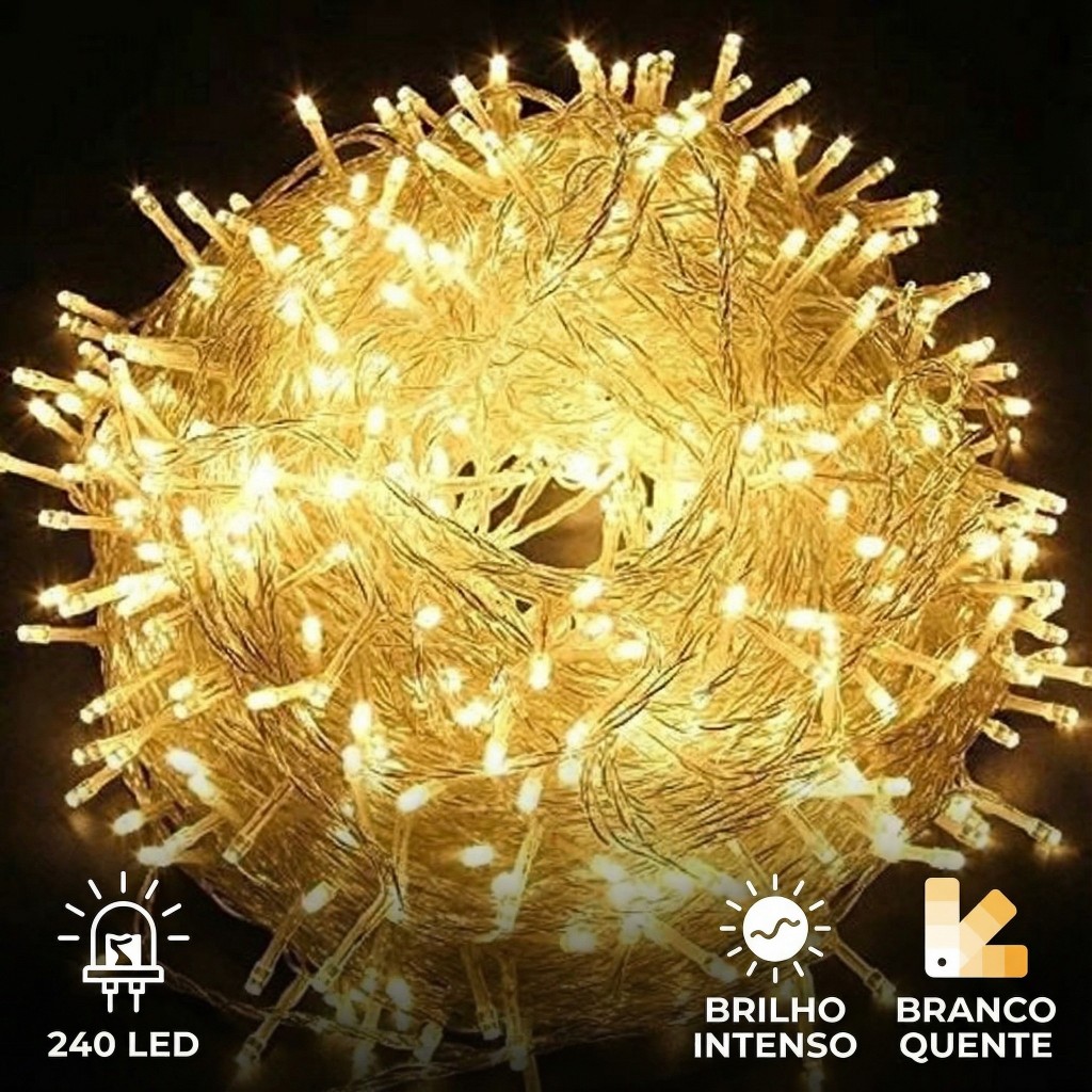 Cascata LED Natal Pisca Pisca 240 LEDs  8 Funções Branco Quente Fio Transparente Decoração Externa