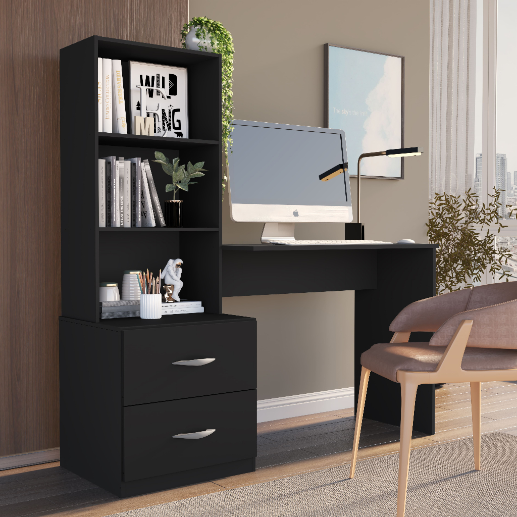 Mesa Escrivaninha Computador 2 Prateleiras 2 Gavetas Compacto Estudos Escritorio Quarto Moviano