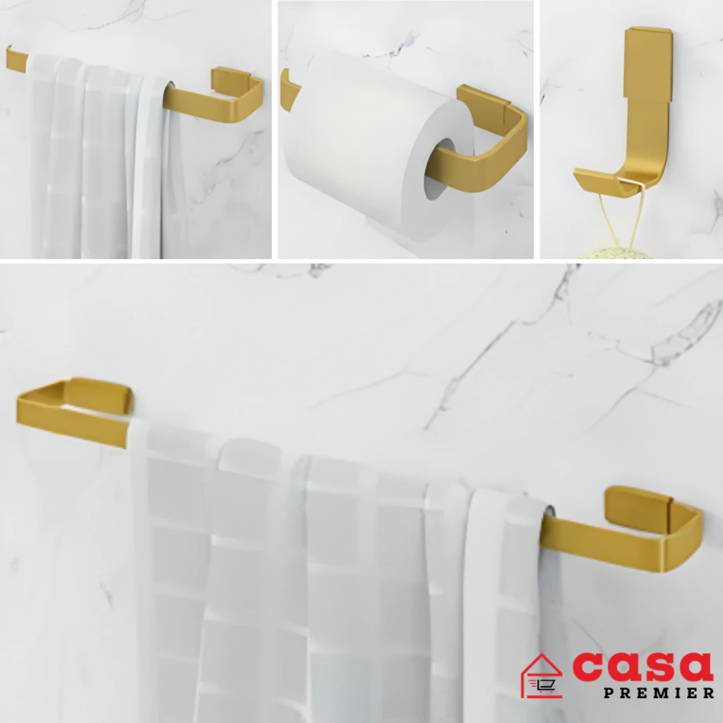 Monte seu Kit Banheiro Luxo Dourado, Papeleira, Porta Toalha Banho, Porta Toalha Rosto e Cabide