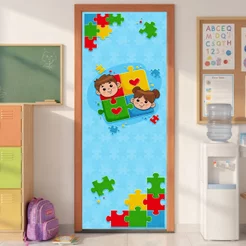 Capa De Porta Escolar Sala Inclusiva Decorativa Tecido Com Elástico Sublimado Veste Porta 0,80x2,10m