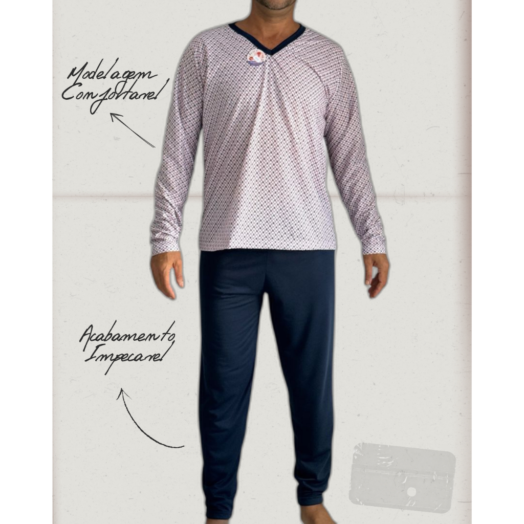 Pijama de inverno masculino manga longa calça comprida adulto de frio