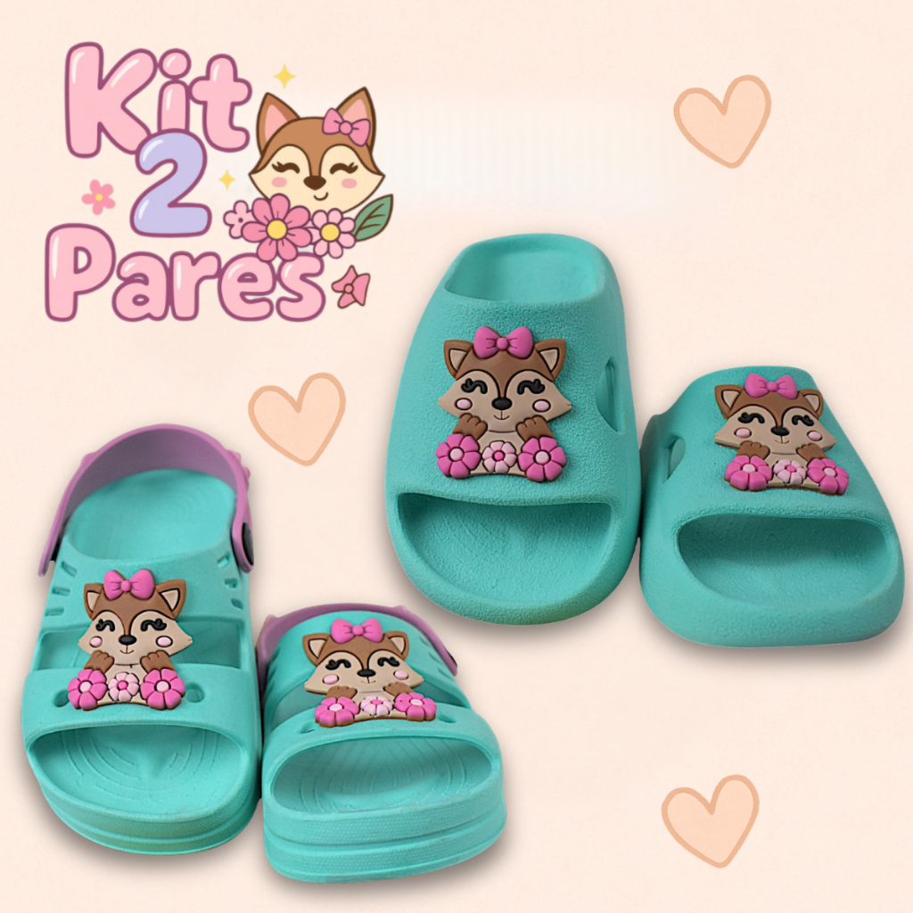 Kit 2 Pares Sandália Papete Nuvem Slide Infantil Menina Leve Casual Macia Raposa Promoção Férias