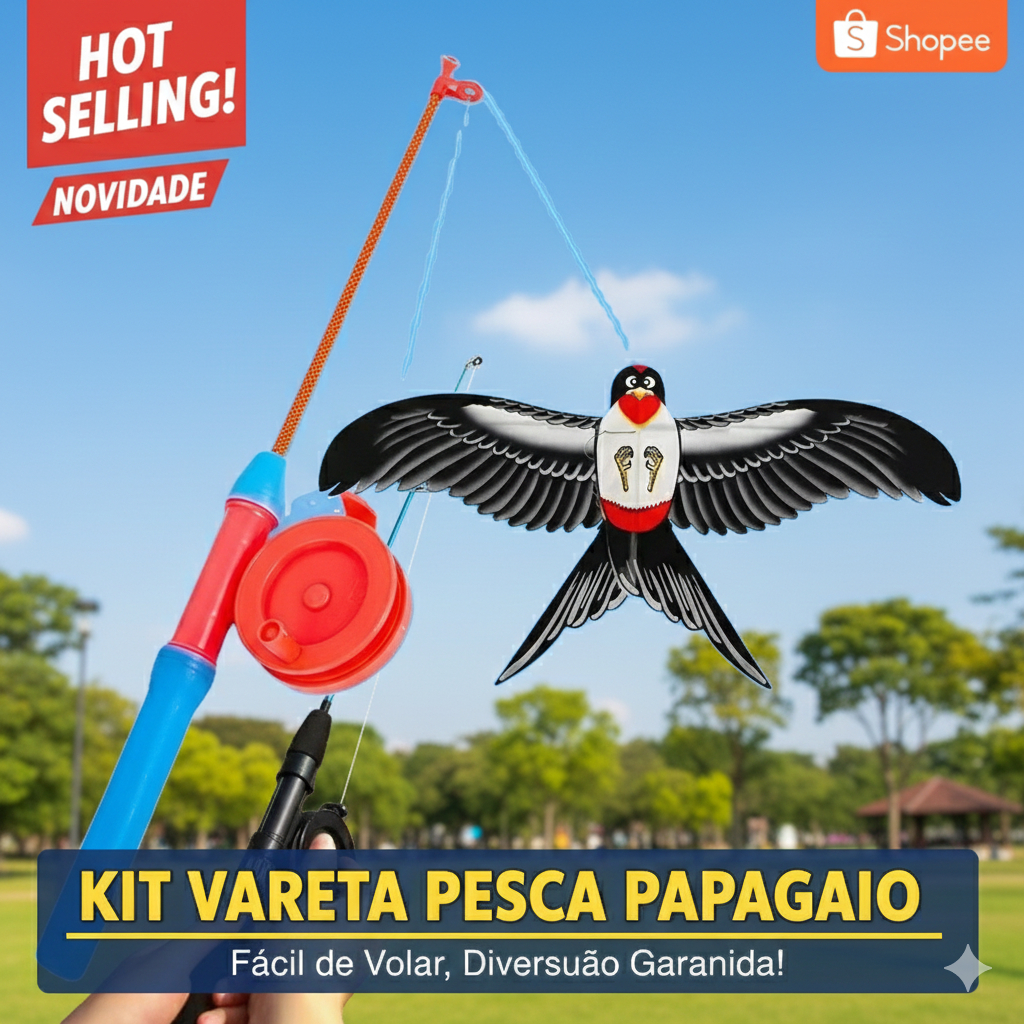 Pipa Plástica Formato de Pássaro  Kit Completo com Vara  Carretilha  Linha  30 cm